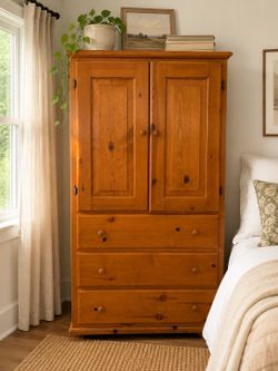 Broyhill Fontana Solid Knotty Pine Armoire Wardrobe / TV Media Cabinet with 3 Drawers
