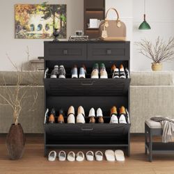 L173 Shoe Cabinet with 2 Flip Drawers & 2 Drawers,Farmhouse Shoe Storage Cabinet for Entryway,Slim Freestanding Narrow Organizer Rack for Front 
