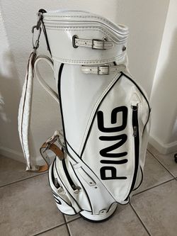 Ping 6 Divider Vintage Golf Staff Cart Bag Rain Cover Black White Leather Beautiful