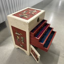 Vintage Asian Hand-Painted Jewelry Chest Box with Drawers — Oriental Lacquer Cabinet 22х16х30