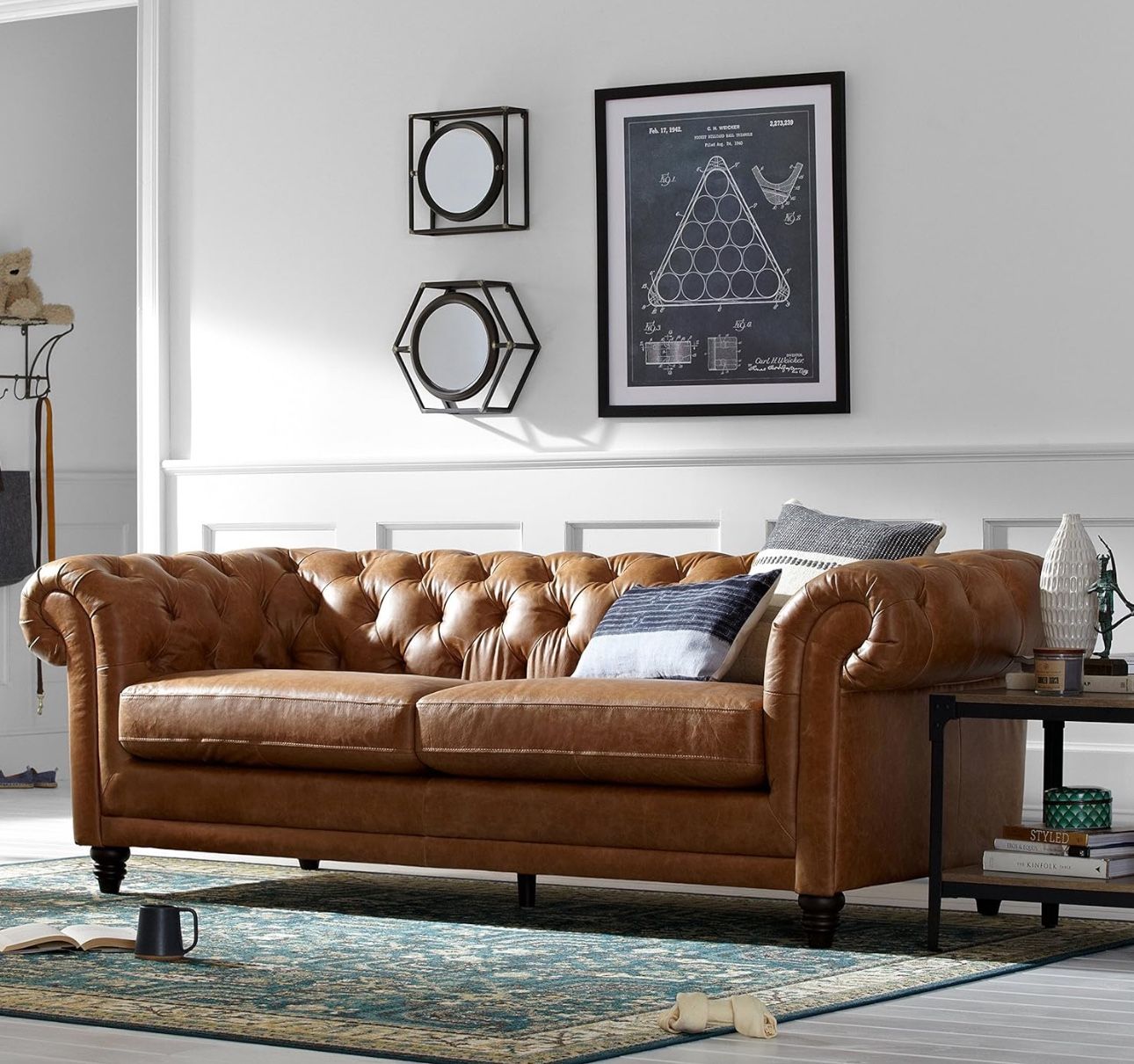 Cognac Brown Chesterfield Genuine Leather Sofa - Like New