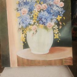 Vintage 1940 Signed By Cheryl DeVore Or Pain On Canvas Floral Boutique And They White Vase On A Table Artist In Excellent Condition 8x16 In Wide
