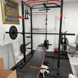 Workout Rack + Weights + Bench + Bar + Attachments
