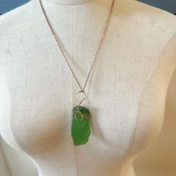 Green Sea glass  Wire Wrapped Pendant Necklace 