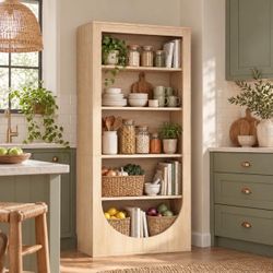 71" Tall Arched kitchen cabinet, Bookshelf, 5-Tier Reversible Farmhouse Bookcase. Storage Light brown P-5