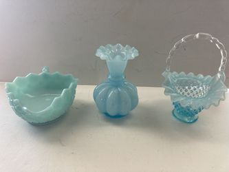 Antique Lot of 3 Fenton Blue Opalescent Decorative Art Glasses, basket, vase & bowl