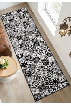 2 x 10 ft Washable Runner Rug Black/White