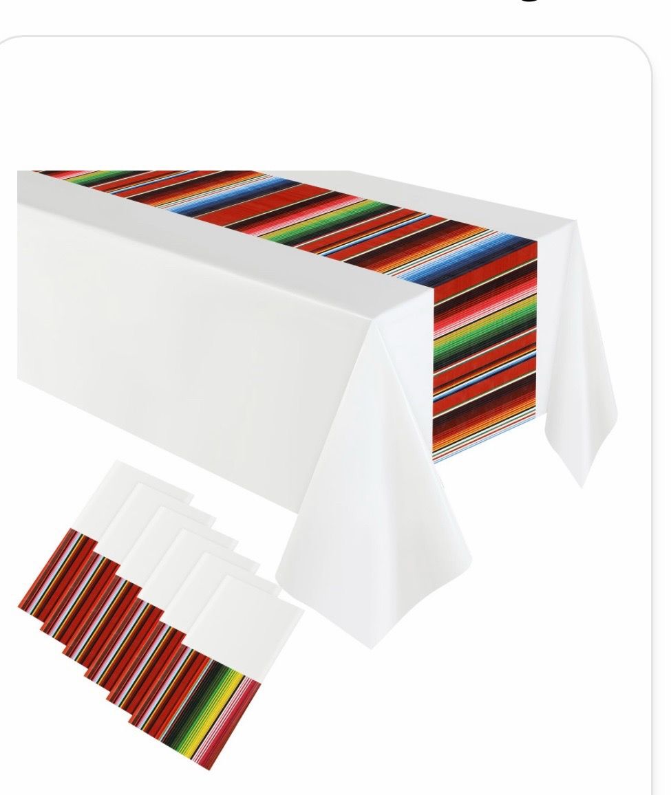 Hosuly Mexican Fiesta Tablecloth 54 X 108'' Party Plastic Tablecloth Striped Table Cover For Mexican Fiesta Party Decorations(White Background, 6 Pcs)