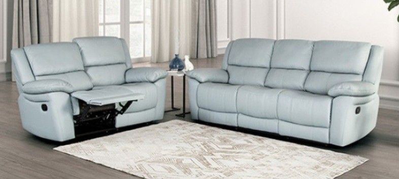 Brand New Power Blue Leather Reclining 2pc Sofa Set