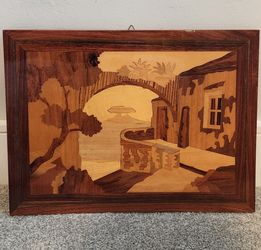 Vintage Italian Coast Wood Inlay Wall Art Plaque