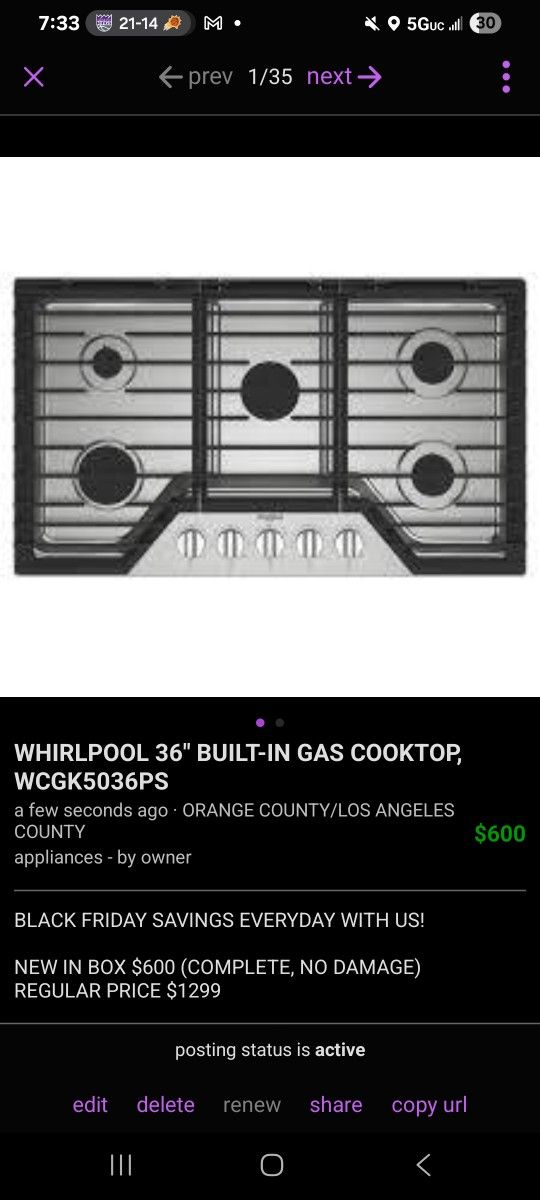 Whirlpool 36" Built-In Gas Cooktop