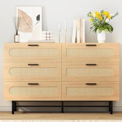 6 Drawer Dresser for Bedroom Wooden, Natural Rattan Double Dresser Chest of Drawers, Wide Wood Dressers for Nursery, Bedroom, Hallway, Living Room