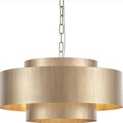 20" Contemporary Chandelier Featuring Three Round Brushed Brass Shades. Slender Adjustable Chain.
