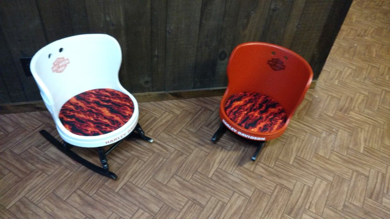 Antique child's barrel chair Harley themed orange