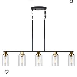 Dining Room Light Fixture,5-Light Farmhouse Linear Chandeliers for Dining Room Over Table，Matte Black and Gold Finish Kitchen Island Pendant Lighting 