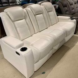 Party Time Power Reclining White Sofa