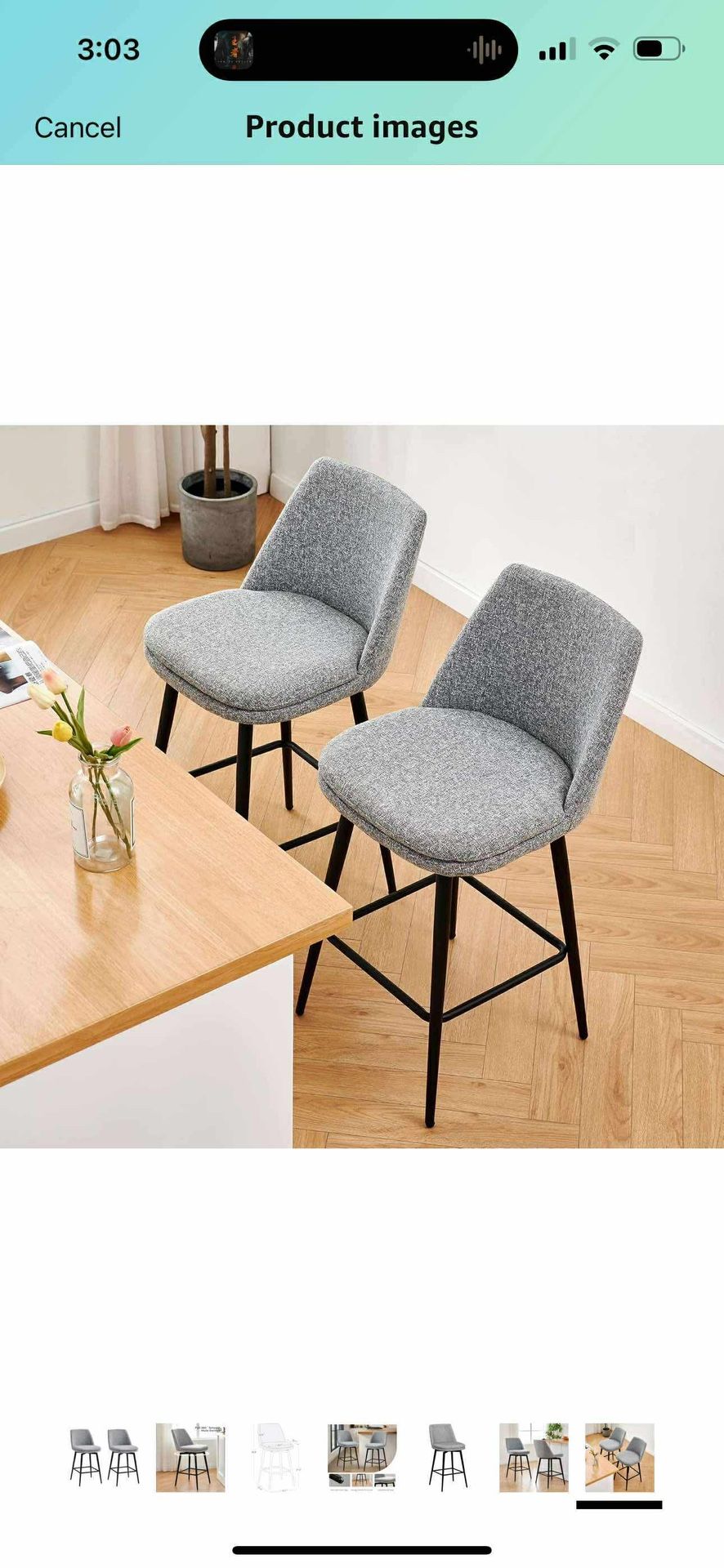 CHITA Counter Height Swivel Barstools, FSC Certified Upholstered Fabric Bar Stools Set of 2, Metal Base, 27.2" Seat Height, Grey (Multi-Colored)