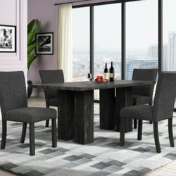 Brand New 5pc Gray Finish Dining Set With Charcoal Gray Linen Fabric Chairs 