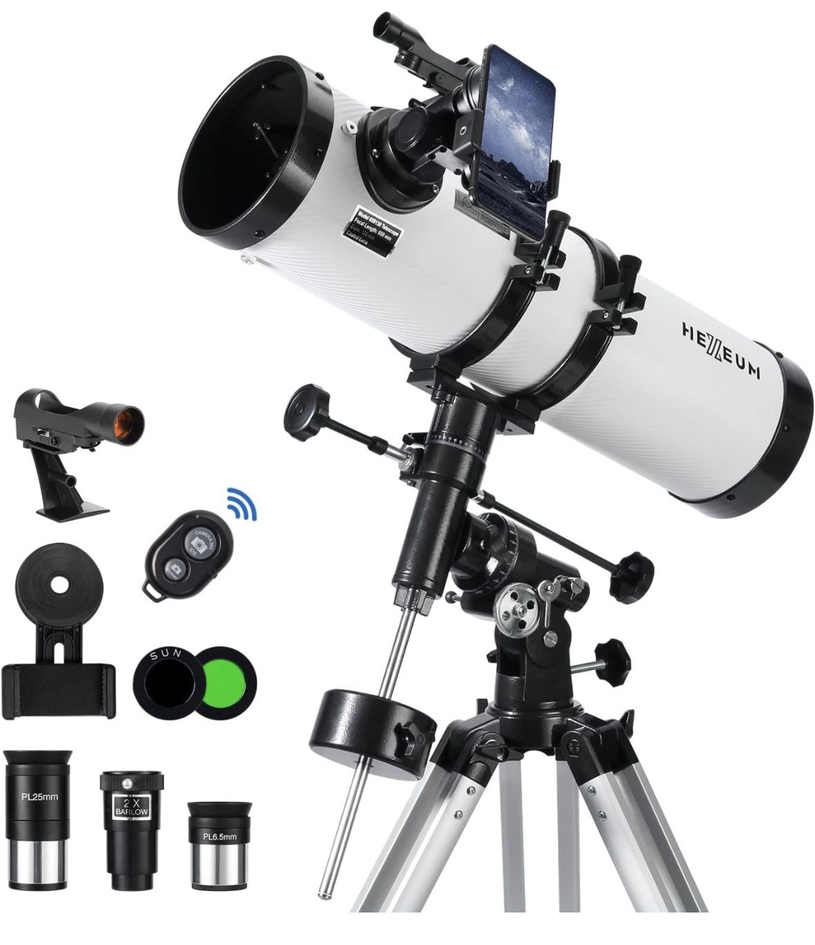 HEXEUM Telescope 130EQ Astronomical Reflector - Manual Equatorial for Adults Astronomy. Comes with 2X Barlow Lens Phone Adapter and Moon Filter & Sun 