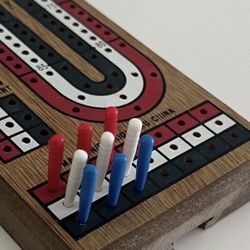 3 Player Track Color Coded Bicycle Wooden 15" Cribbage Board Game W/Pegs