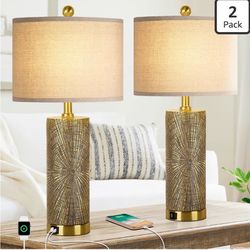 27" Gold Vintage Table Lamps Set of 2 with USB A+C Fast Charging Ports, Modern Farmhouse Bedside Nightstand Lamps for Bedroom with Beige Linen Shade, 