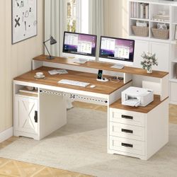 65'' Farmhouse Computer Desk with Drawers, Home Office Desk with Power Outlets, Storage Cabinet and Printer Stand, Study Writing Desks with Long Monit