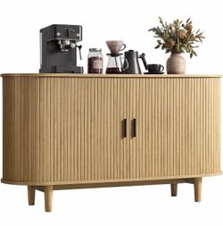 VASAGLE Storage Cabinet, Mid-Century Modern Sideboard with Sliding Doors, Buffet Cabinet with Adjustable Shelves, 55.1 x 15.7 x 29.5 Inch, Sandy Brown