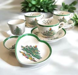 Vintage Spode Christmas Tree S3324 England 9 Pc Tea Set Heart Dishes