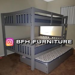 Full/Full/Twin Gray Wooden Bunkbed w. Ortho Mattresses Included