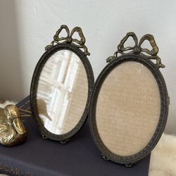Vintage Lot 2- Italian Brass Bow Table Top Frames Victorian Oval Rare Made in Italy Antique Collectibles Retro 
