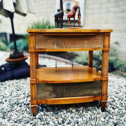 Vintage End Table, Telephone Table, Brass Railings, Inlay, Reclaimed, Wood Rustic