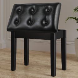 Black Wooden Duet Piano Bench with Padded Faux Leather Cushion Seat, Piano Stool with Storage Compartment, 21.7 x 13.8 x 19.3 Inches  Top hi