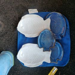Fish , Dish , Plate , 5 pcs , Blue , White ,