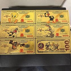 24k Gold Foil Plated Looney Tunes Banknote Set