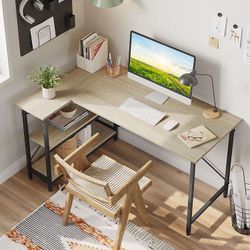 L-Shaped Corner Desk With Storage Shelf, 55"W, Light Oak