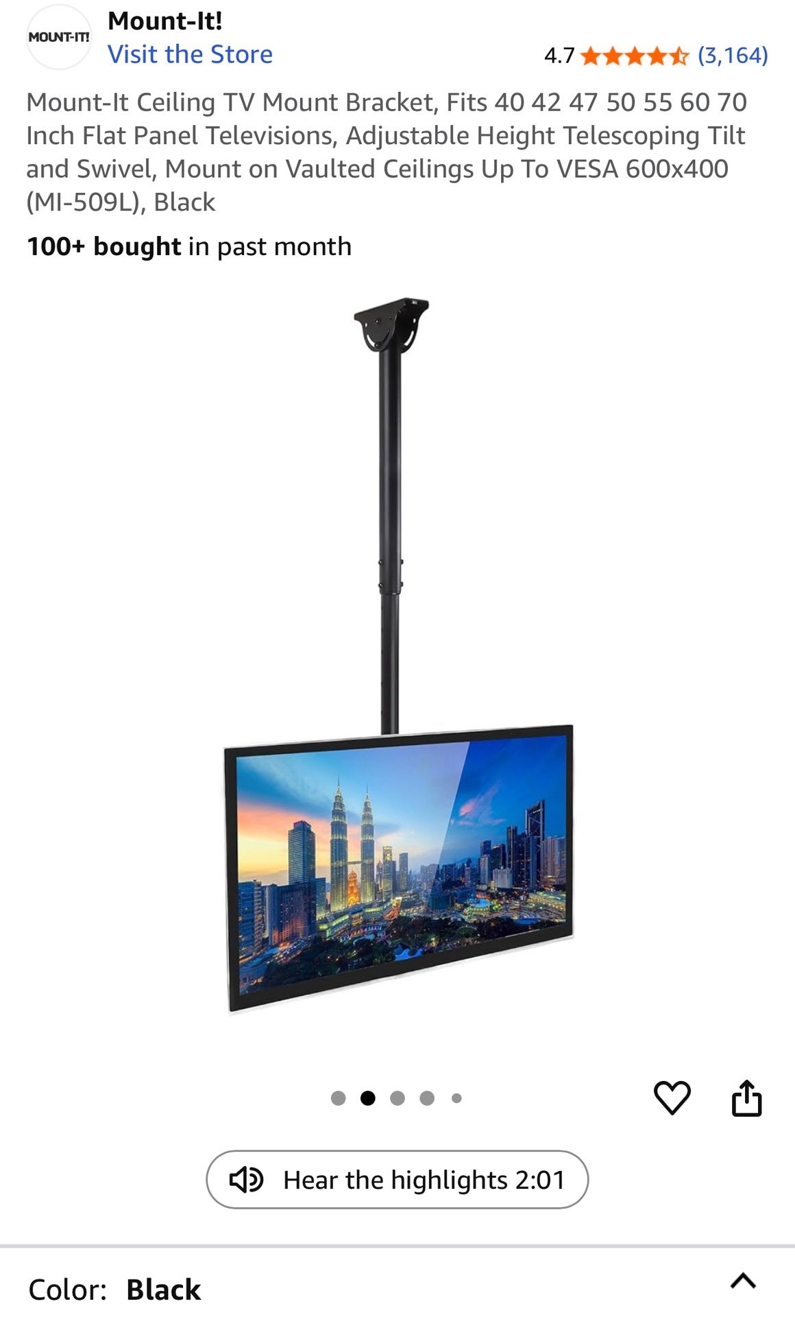 TV Ceiling Mount — Fits up to 70” TVs, Heavy Duty Adjustable Bracket