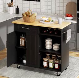 Kitchen Island Cart | Rolling Kitchen Cabinet | Butcher Block Top | Storage & Wine Rack
