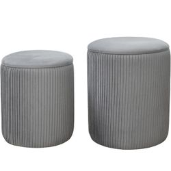 Set of 2 Round Storage Ottomans with Flip-Top Lid, Velvet Nesting Ottoman Stools for Living Room, Multifunctional Foot Rest/Makeup Vanity Seat, Hidden