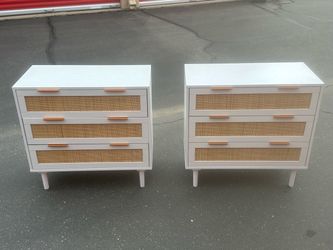 Vintage mid century modern Pair of White Cane Front 3-Drawer Dressers