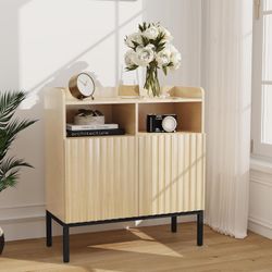 Oak Fluted Sideboard Cabinet - Rustic Industrial Buffet with Adjustable Shelves, Metal Legs Storage Credenza for Kitchen Dining Living Room