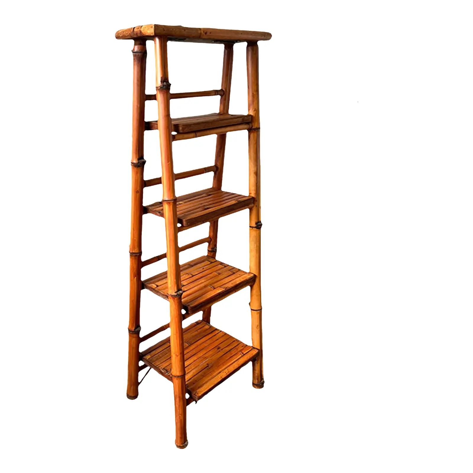 Antique vintage bamboo rattan ladder shelf