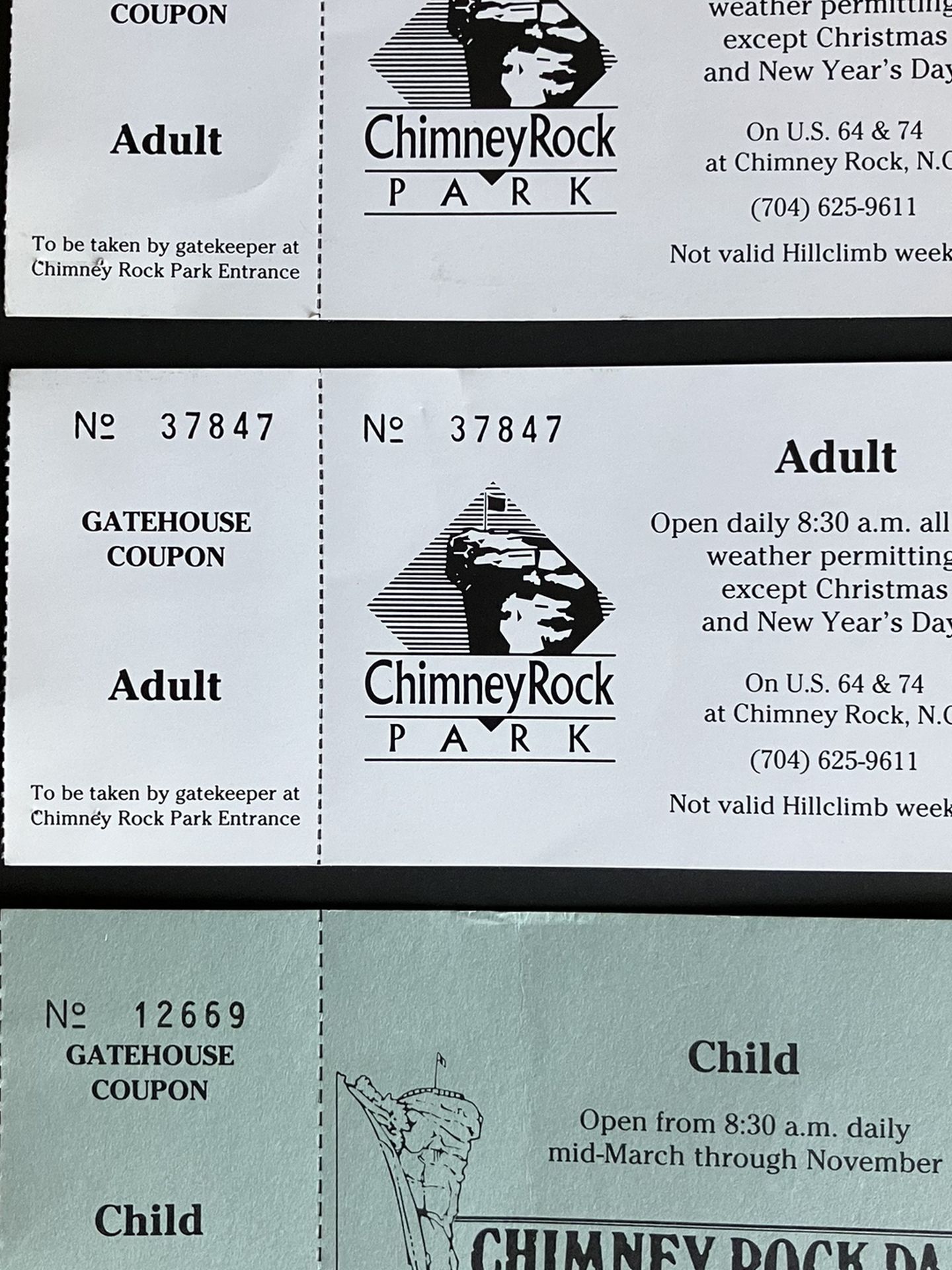 Chimney rock admission tickets, vintage, excellent!