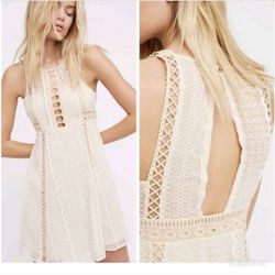 Free People Open Back Sleeveless Crochet Detail Neutral Beige Mini Dress | 6