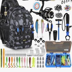 PLUSINNO Fishing Backpack with Fishing Rod and Reel Combos Tackle Boxes, Waterproof Tackle Backpack for Fish Gear with Rod Holder, Fish Gifts for Men 