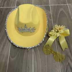 Yellow Prom Accessories (cowboy Hat, Sunglasses And Corsage)