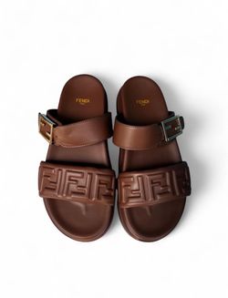 Fendi Brown Leather FF-Embossed Buckle Slide Sandals for Women