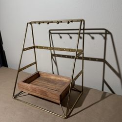 Jewelry Organizer Stand – Gold Metal Frame with Wooden Tray