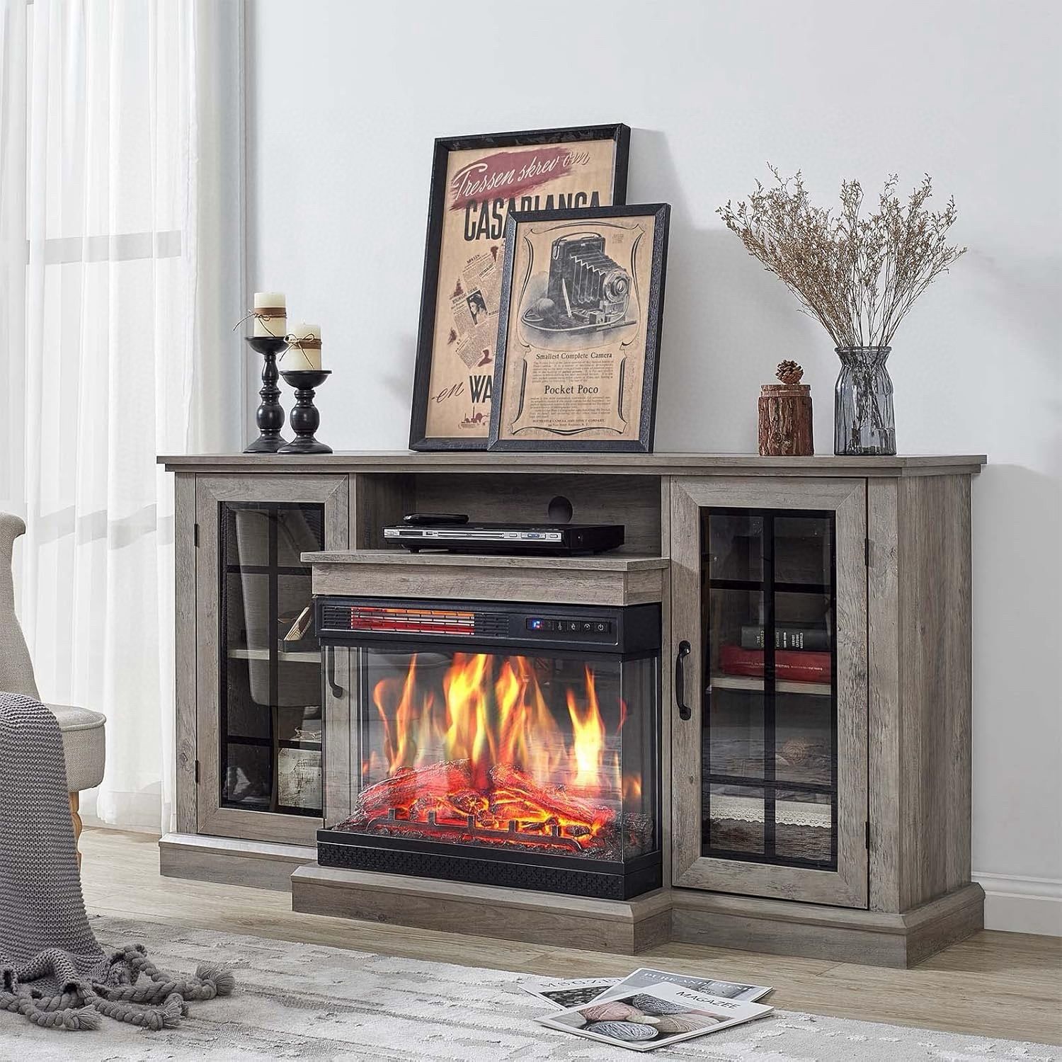 Fireplace TV Stand for TVs up to 65'', 3-Sided Glass Media Entertainment Center Console Table with Door Closed Storage