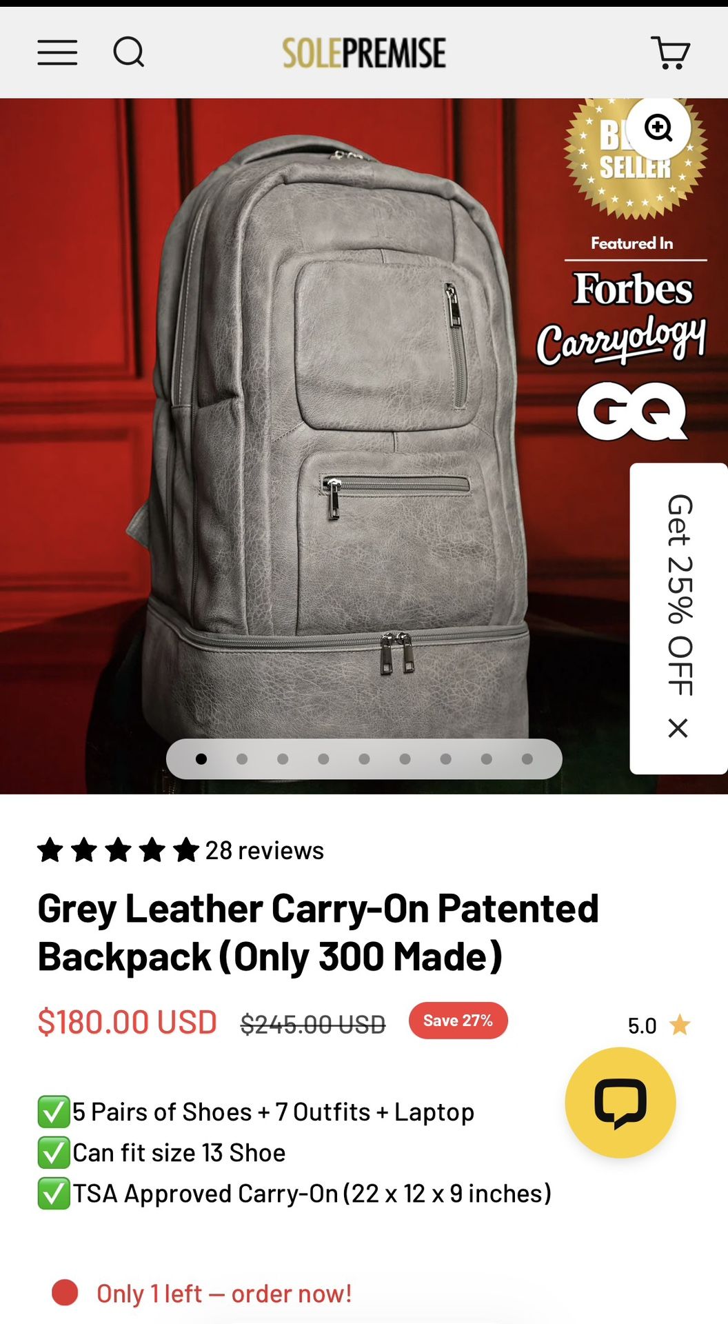 Sole Premise Grey Leather Carry-On Patented Backpack (Only 300 Made)