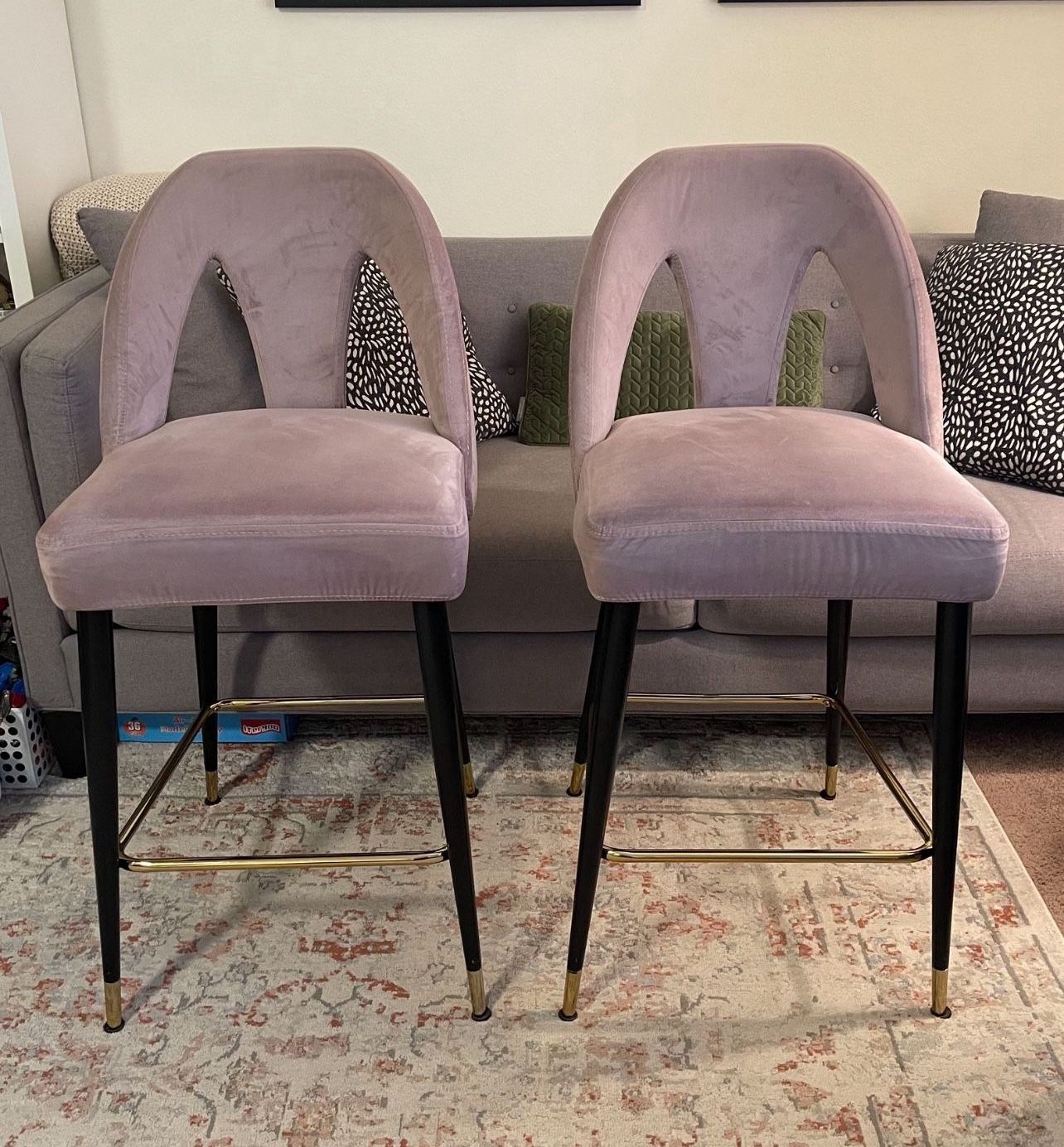 2 Pink Velvet Counter Stools 